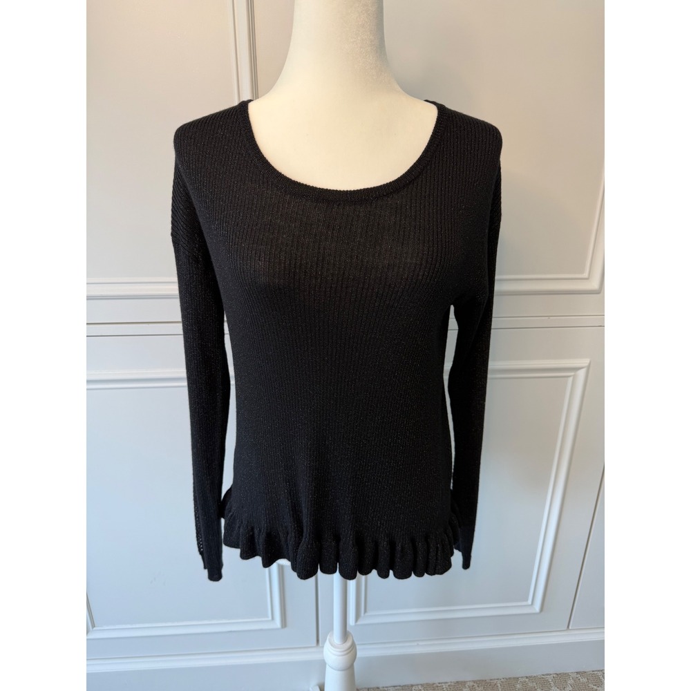Red Haute Sweater Top Womens Small Black Metallic Ruffle Hem Excellent Ribbed